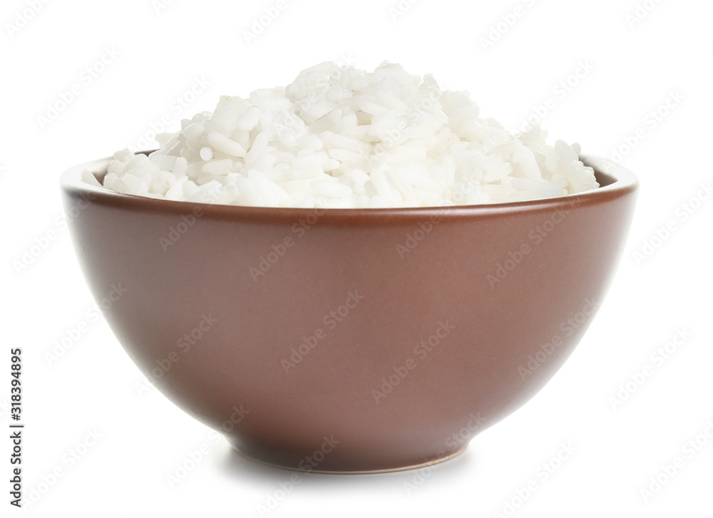 Boiled rice in bowl on white background