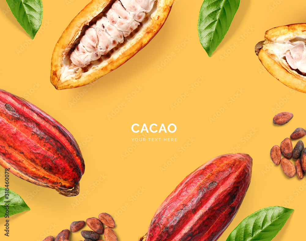 Creative layout made of cacao beans and  cacao fruit on the yellow background. Flat lay. Food concep