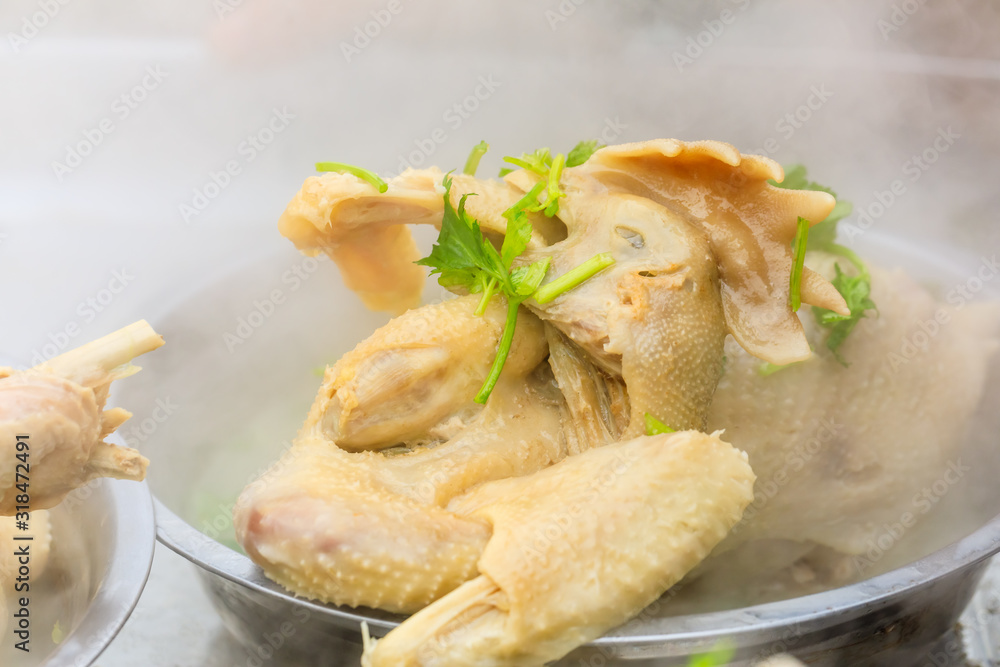 Delicious boiled chicken in bowl.Chinese food.