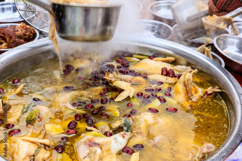 Delicious boiled chicken in the pot.Chinese food.