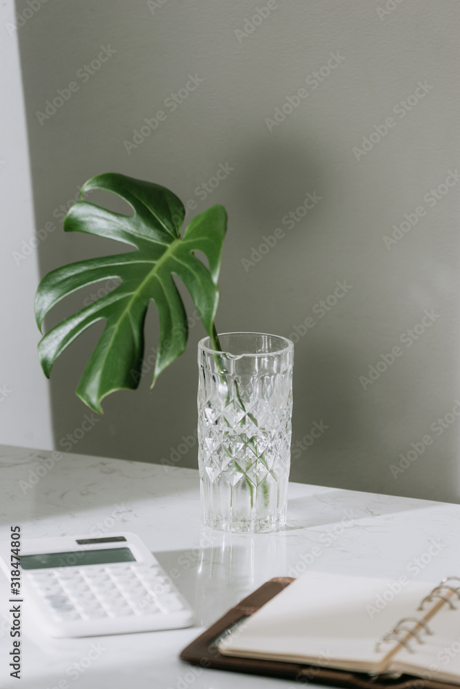 Monstera tropical palm leaves in a glass vase standing on office table with stationary