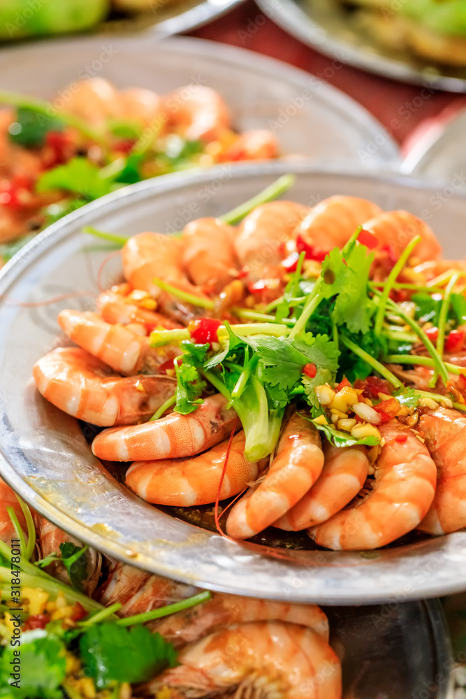 Boiled shrimp cold dish,ingredients are coriander and garlic with chili,Chinese food.