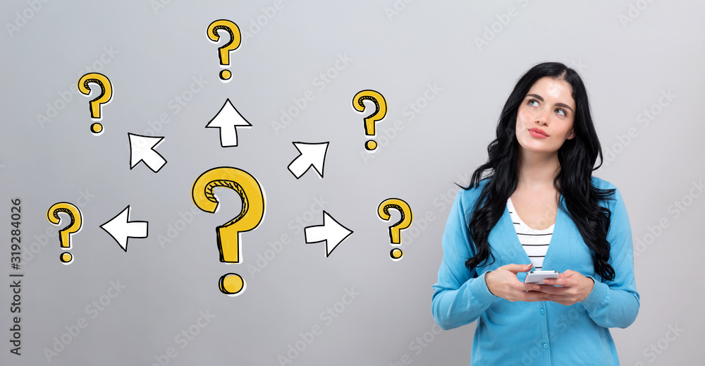 Big and small question marks with arrows with thoughtful young woman holding a smartphone