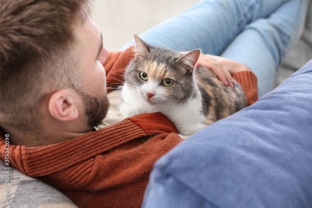 家里沙发上躺着一只可爱猫咪的男人