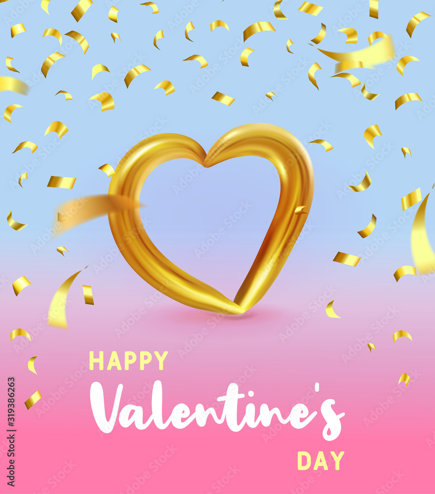 Realistic Gold metallic Heart with falling golden confetti and. Vector Valentines heart on modern co