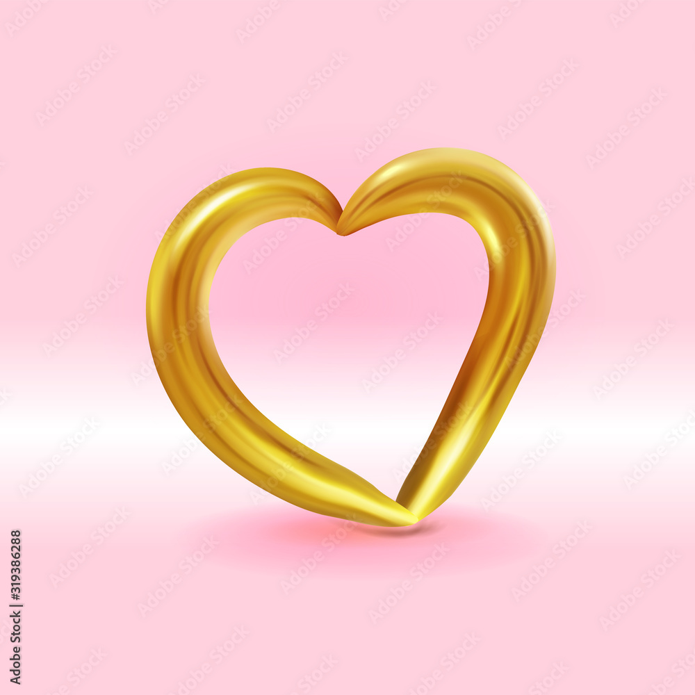 Realistic Gold metallic Heart . Vector Valentines heart on pink background. Vector illustration EPS