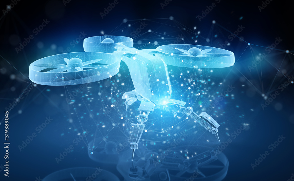 Holographic blue drone projection on dark background 3D rendering