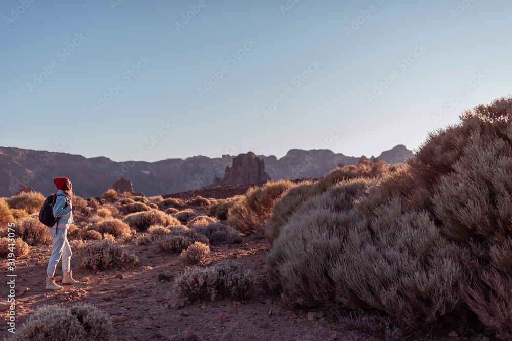 Landscape view on a beautiful volcanic valley with woman hiking on a sunset. Traveling on Teide nati