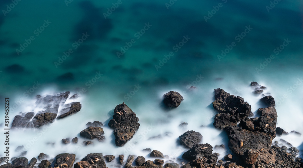 从悬崖上俯瞰岩石和海洋，海豹在下面的巨石上晒着正午的太阳