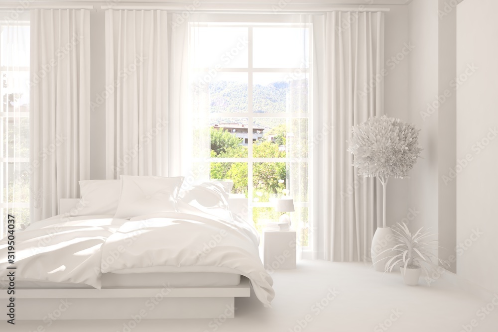 Modern bedroom in white color. Scandinavian interior design. 3D illustration