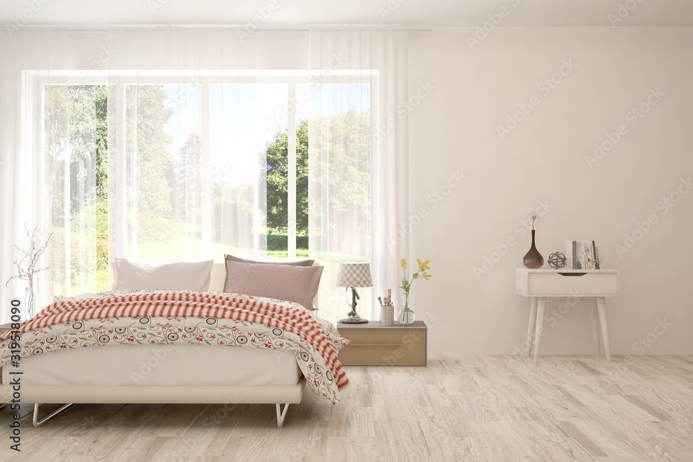 Stylish bedroom in white color. Scandinavian interior design. 3D illustration