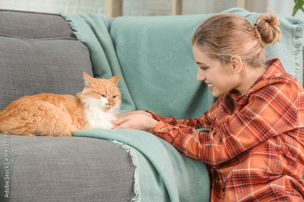 家里养着可爱猫的漂亮年轻女人