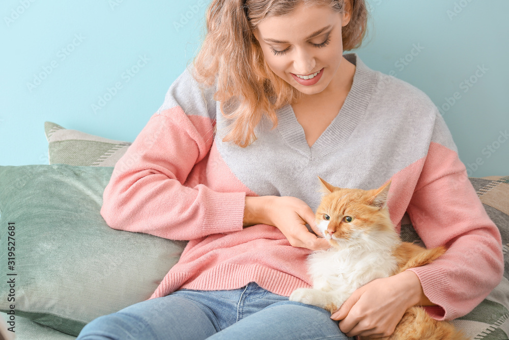 家里有一只可爱的猫的漂亮年轻女人