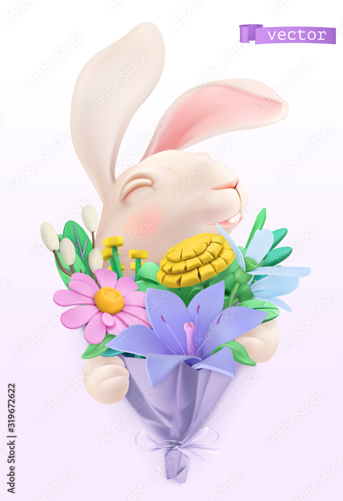 Easter bunny with a bouquet of wildflowers. 3d vector plasticine art object