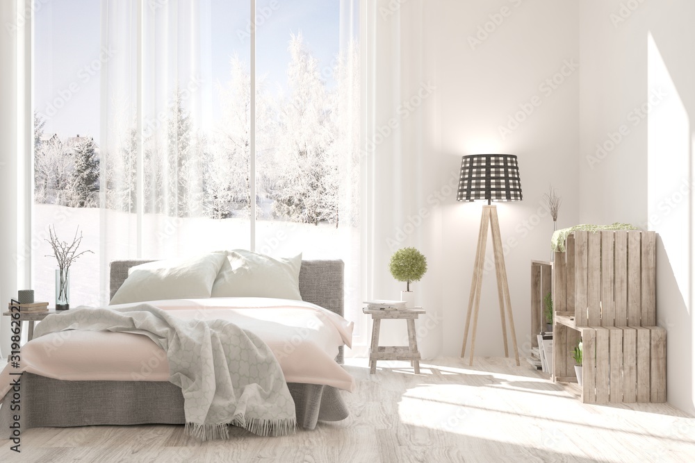 Stylish bedroom in white color with winter landscape in window. Scandinavian interior design. 3D ill