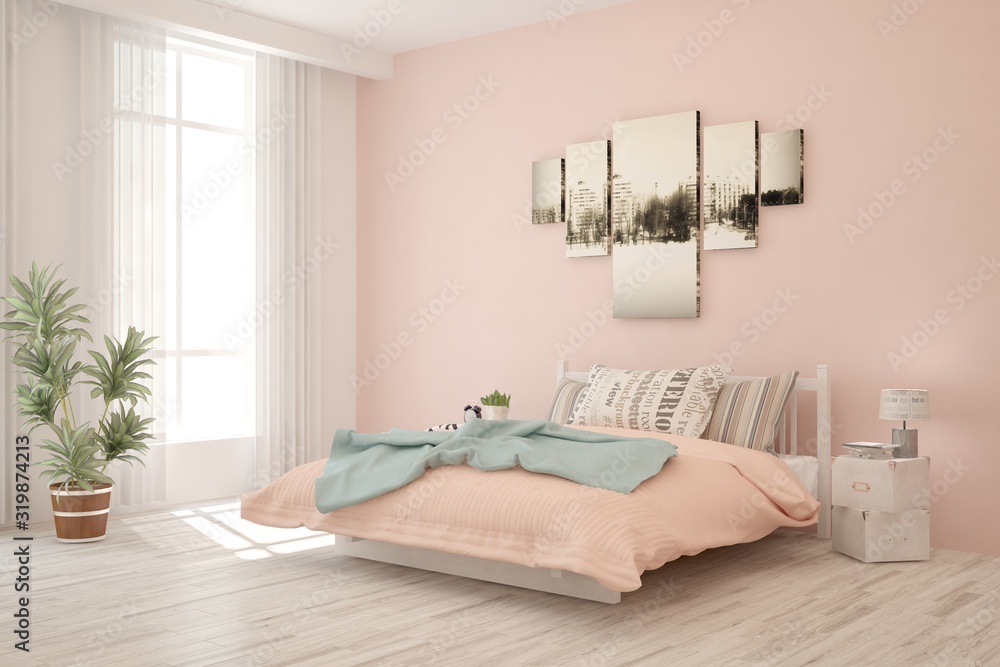 Stylish bedroom in pink color. Scandinavian interior design. 3D illustration