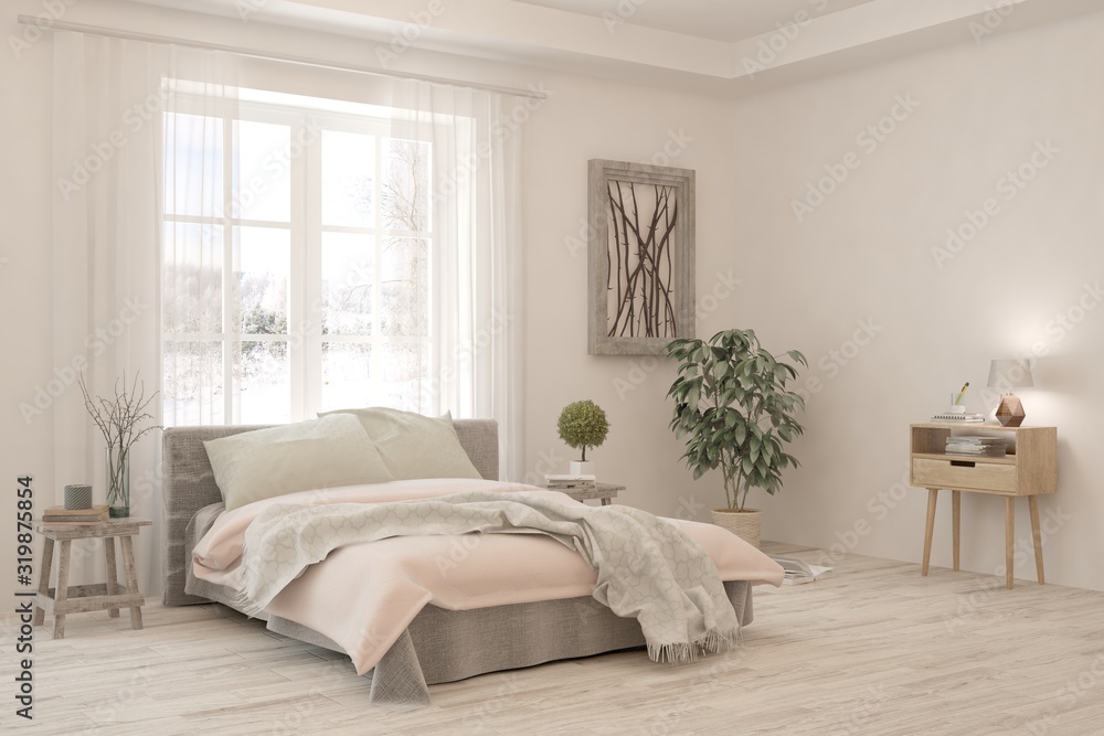 Stylish bedroom in white color with winter landscape in window. Scandinavian interior design. 3D ill