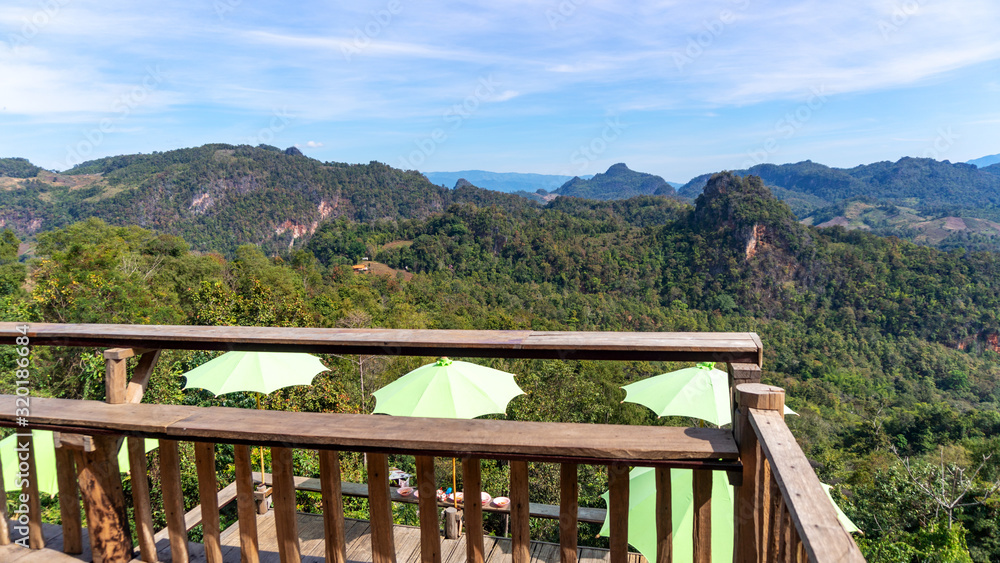 Wood terrace overlooking of view landscape nature mountain.