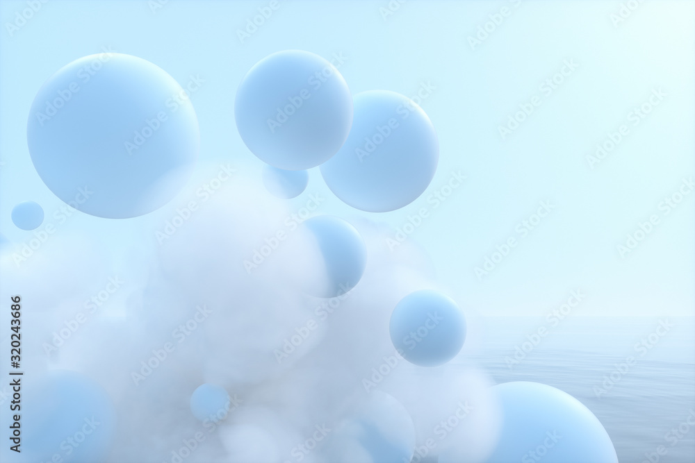 Balls and clouds floating on the lake,peaceful scene,3d rendering.