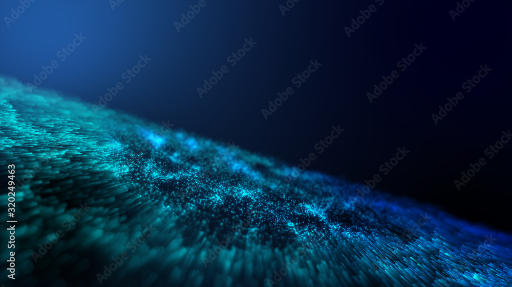 Glowing abstract digital cyber space blue wave. 3D motion shining techno light particle wave flow fo