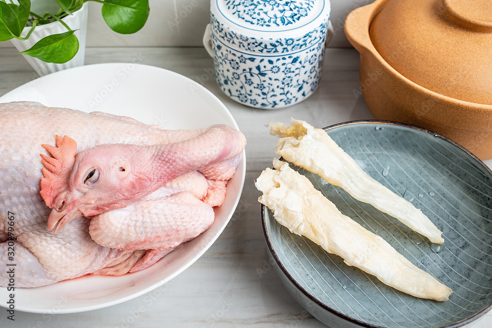 Chinese nutritious health soup ingredients mix, fresh hen and maw