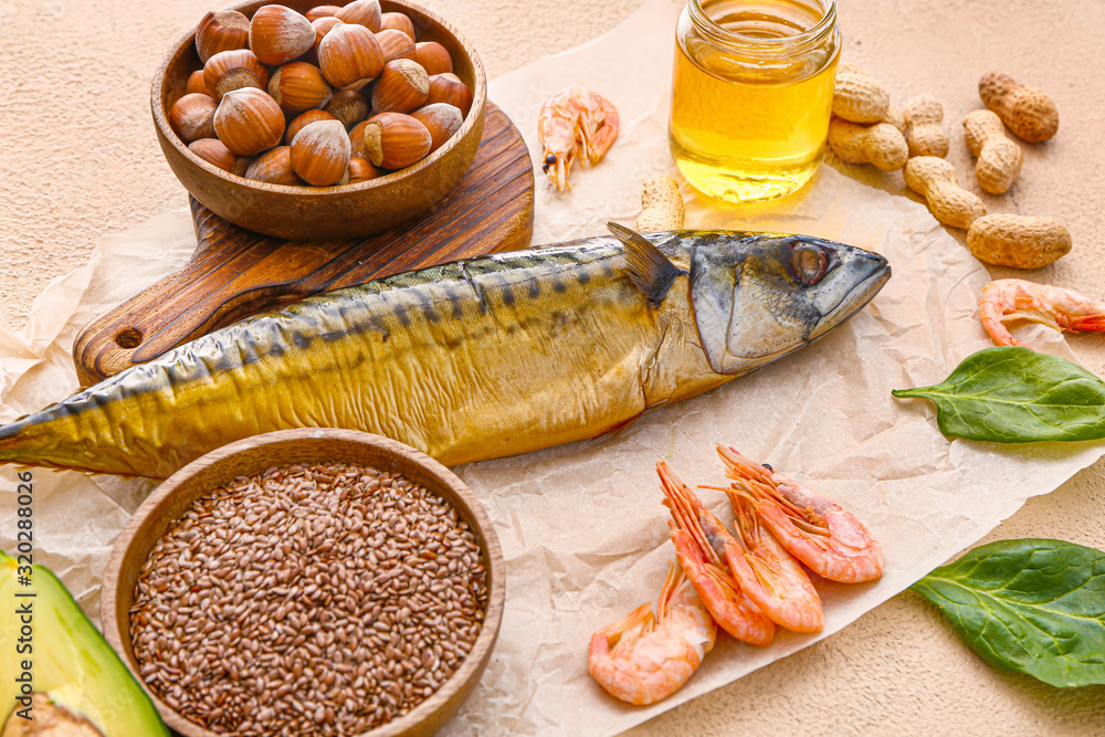 Healthy products rich in omega-3 on table