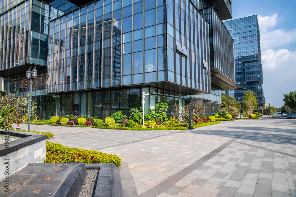 Glass curtain wall and empty floor of Nansha CBD office building in Guangzhou, China