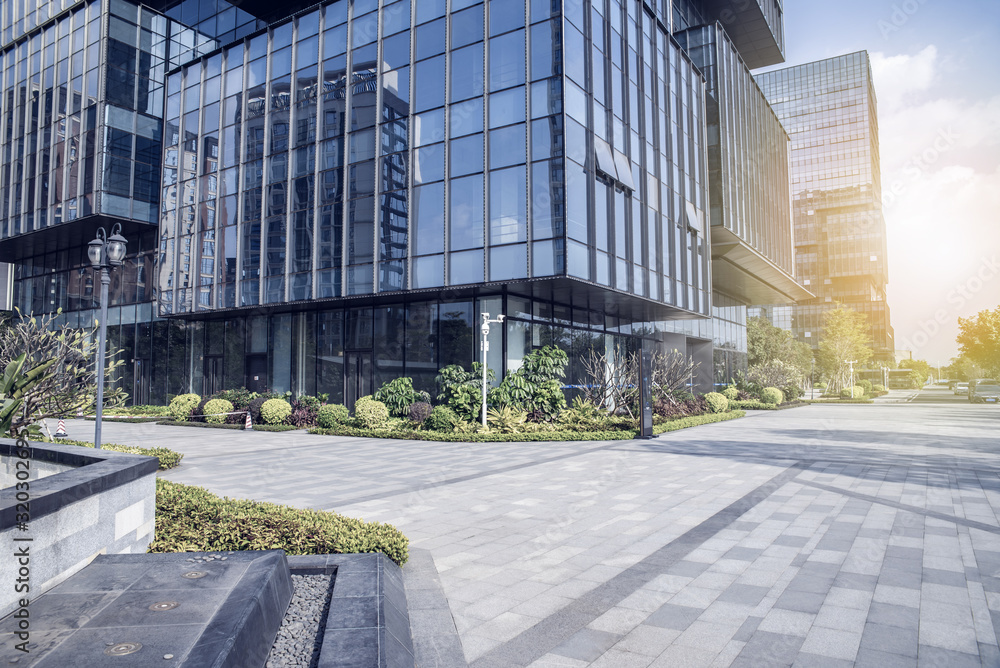 Glass curtain wall and empty floor of Nansha CBD office building in Guangzhou, China