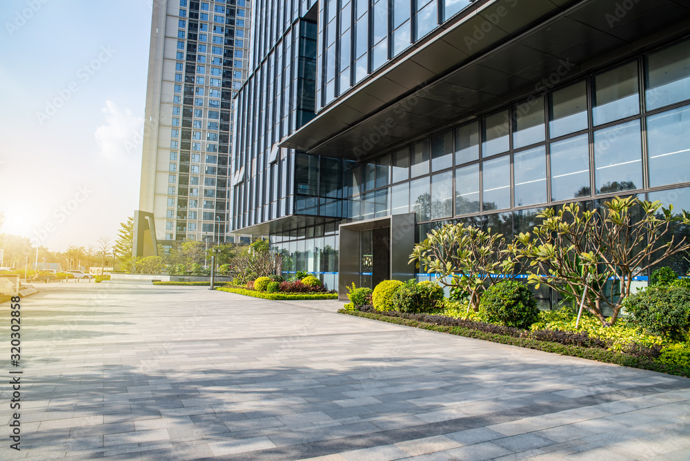 Glass curtain wall and empty floor of Nansha CBD office building in Guangzhou, China