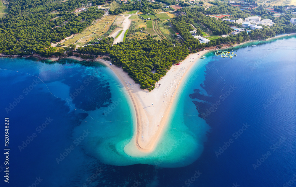 Croatia, Hvar island, Bol. Aerial view at the Zlatni Rat. Beach and sea from air. Famous place in Cr