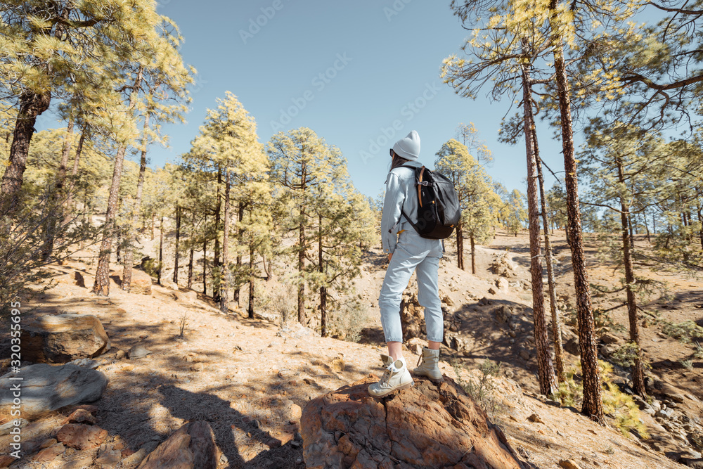 Stylish woman enjoying beautiful landscapes on volcanic rocks in the pine woods, traveling high in t