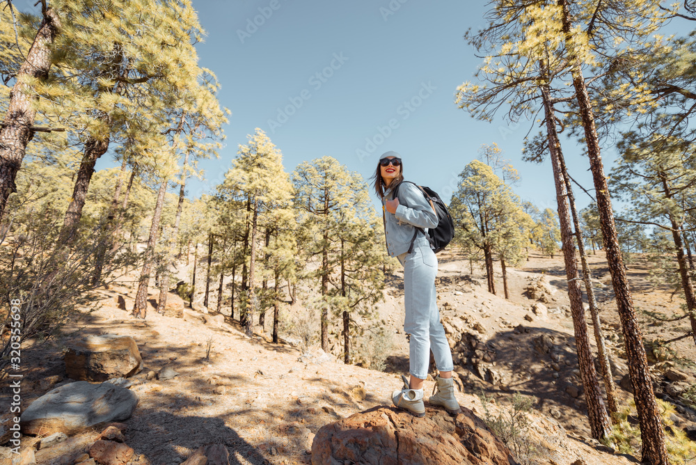 时尚的女人在松林中的火山岩上欣赏美丽的风景，在高空旅行