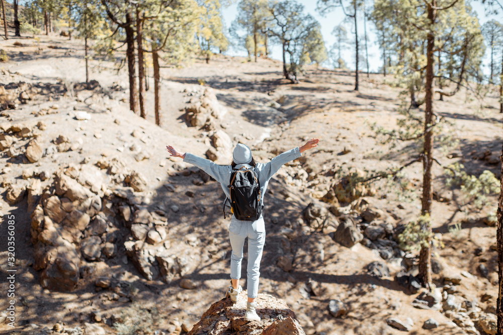 Stylish woman enjoying beautiful landscapes on volcanic rocks in the pine woods, traveling high in t