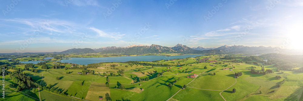 Aerial view over rural Bavaria, Allgäu, Germany