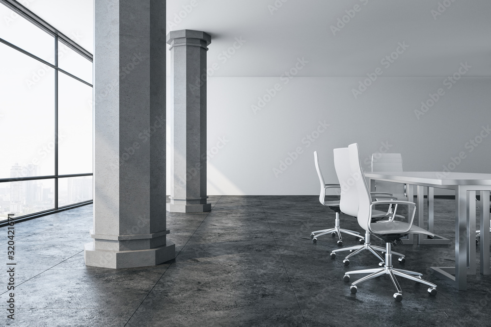 Contemporary meeting room interior with panoramic city view