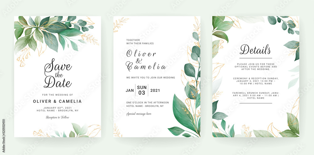 Wedding invitation card template set with leaves border. Flowers decoration for save the date, greet