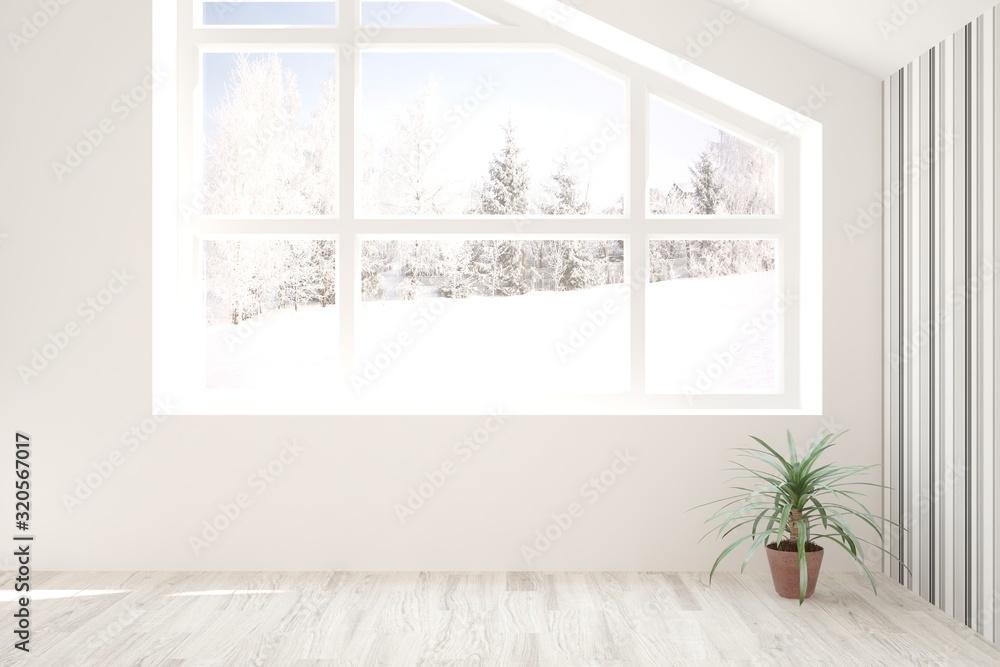 Mock up of empty room in white color with winter landscape in window. Scandinavian interior design. 