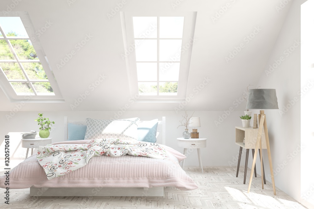 Stylish bedroom in white color. Scandinavian interior design. 3D illustration