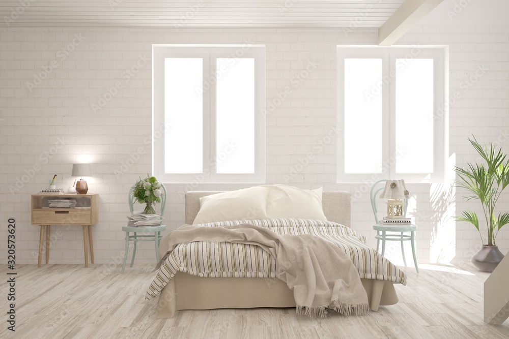 Stylish bedroom in white color. Scandinavian interior design. 3D illustration