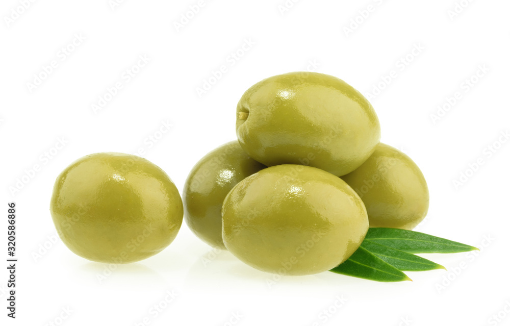 Green olives isolated on white background