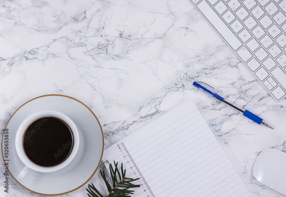 Black coffee on the desk with a computer, mouse Keyboard, book note, and pen Concept of working at h