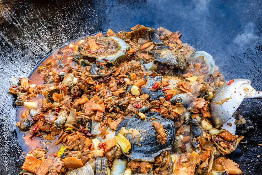 Delicious braised turtle in a pan,Chinese traditional cuisine.