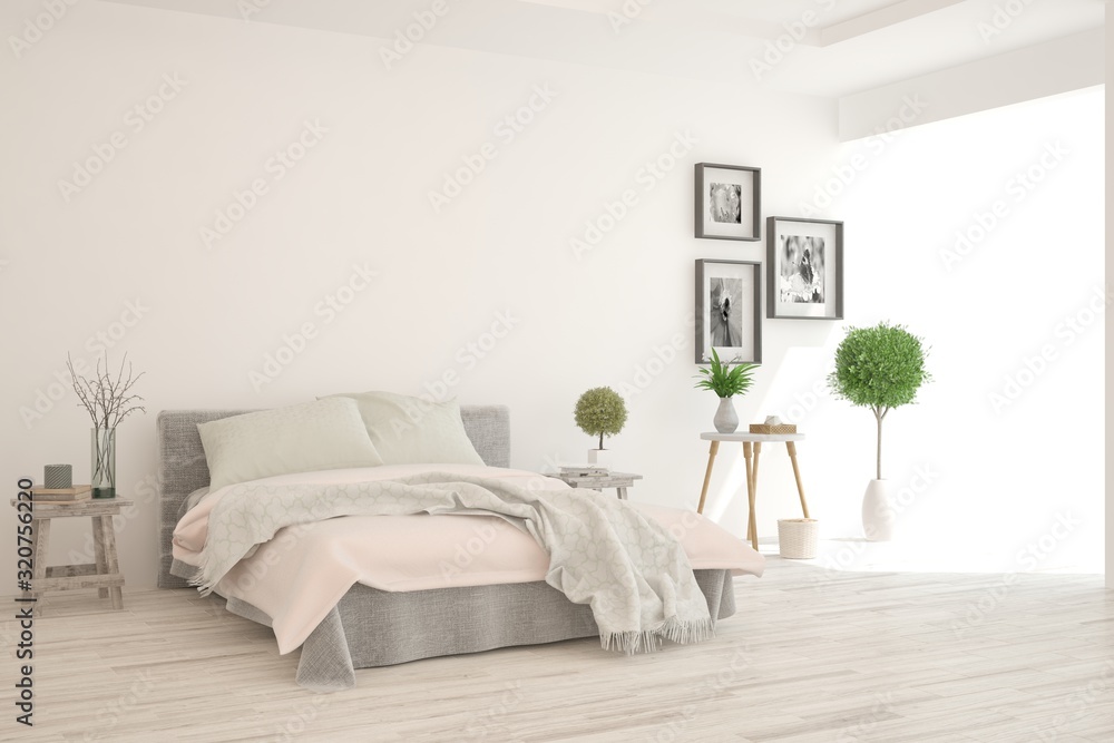 Stylish bedroom in white color. Scandinavian interior design. 3D illustration