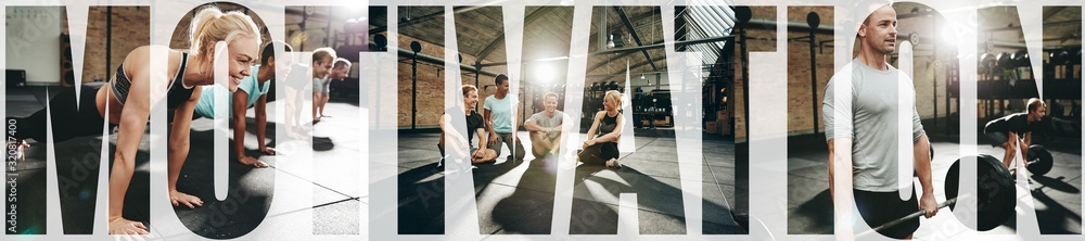 Collage of smiling people working out in a health club