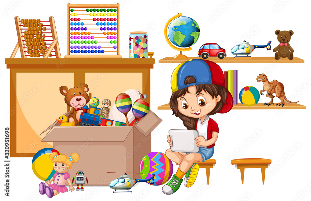 Shelf and box full of toys on white background