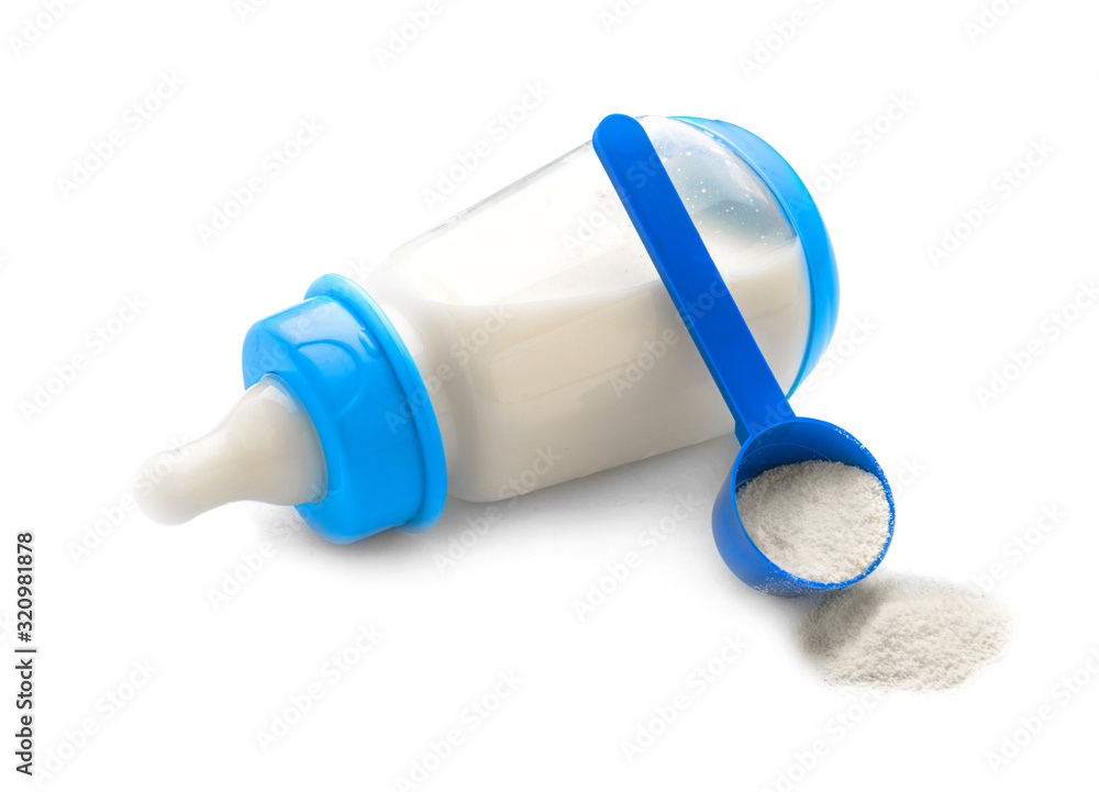 Bottle of baby milk formula on white background