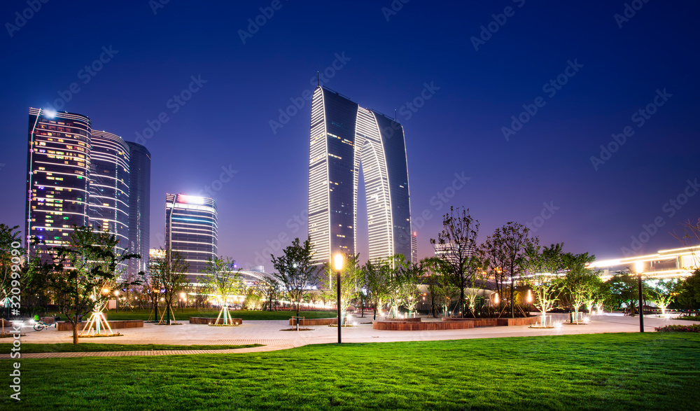 Night view of architectural landscape in Suzhou Financial District..