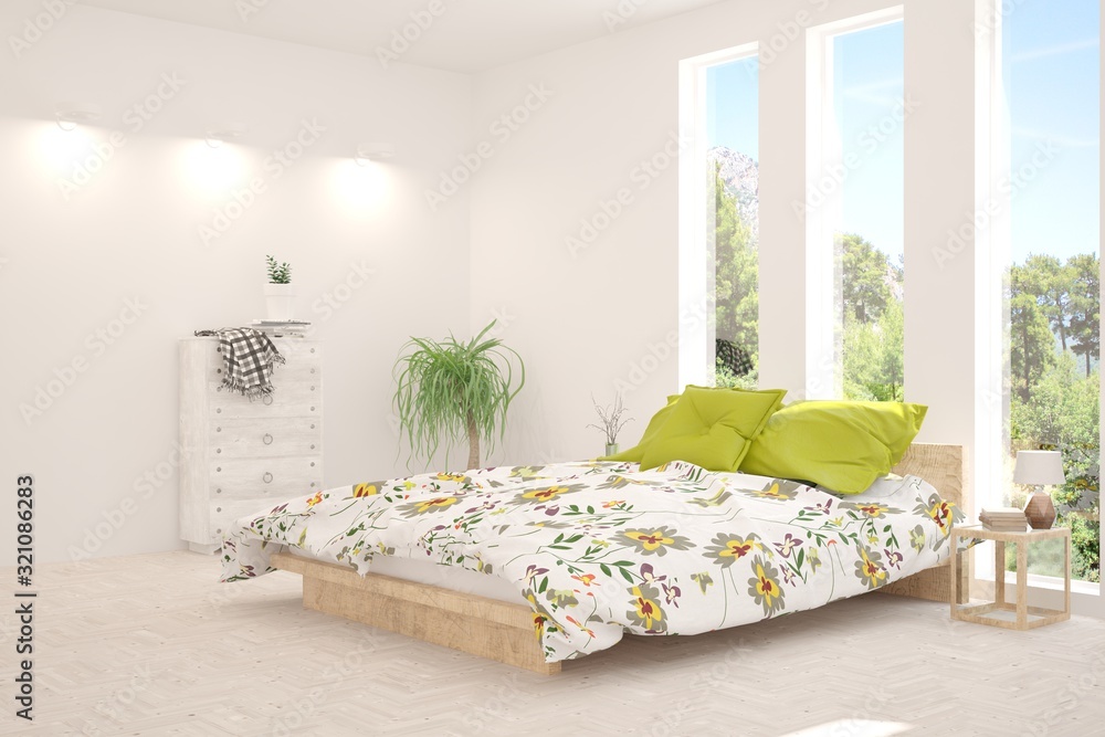 Stylish bedroom in white color with summer landscape in window. Scandinavian interior design. 3D ill