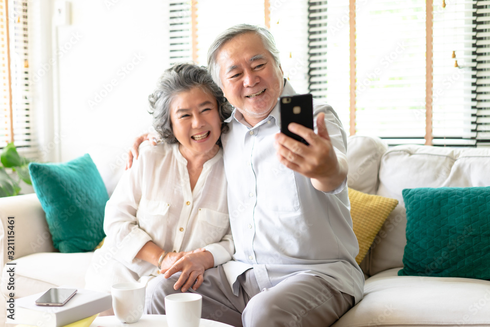 Portrait of a happy funny senior couple sitting on sofa and taking selfie at smartphone, Mature reti