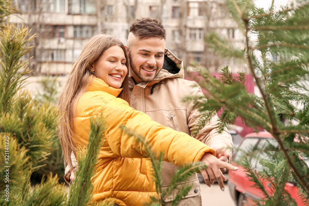 Young couple buying Christmas tree at the market